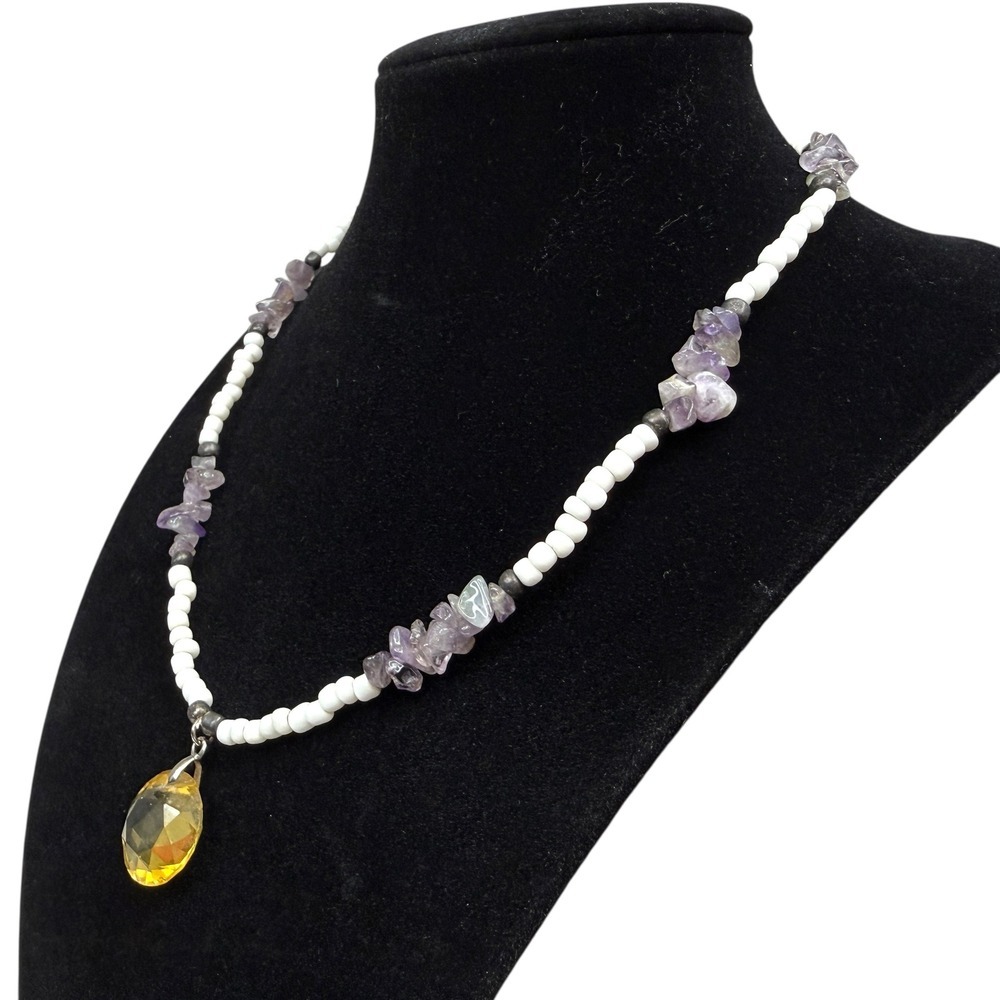 Amethyst Acrylic Beaded Necklace Yellow Faceted Gem Accents Toggle Clasp 17 in